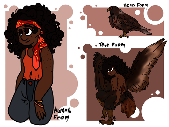 The Three different Forms that Faizah has: Her Natural, half bird/half human form, her bird form and her Human form