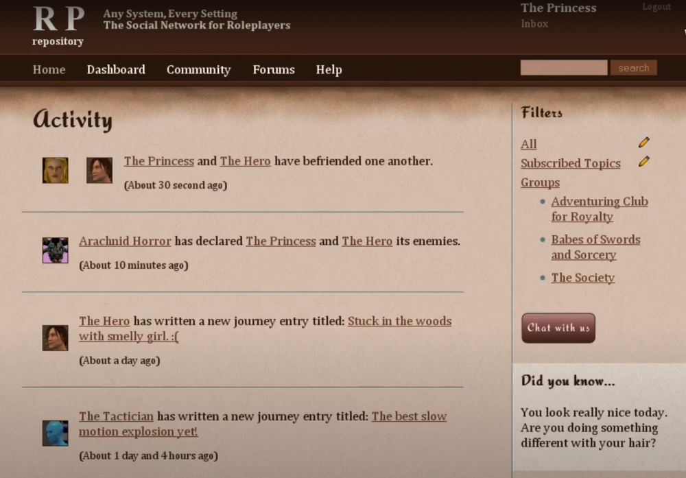 Activity feed showing The Princess and The Hero have befriended one another (about 30 seconds ago), Arachnid Horror has declared The Princess and The Hero its enemies (About 10 minutes ago) and The Hero has written a new journal entry titled: Stuck in the woods with smelly girl. :( (About a day ago)