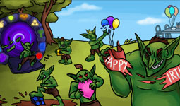 Goblins march out of an open stone portal that swirls with magic light. They are interrupting a birthday party in a meadow, tearing up banners, popping balloons, stomping presents.