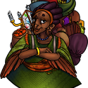 Moa has brown skin, age-lines on her face, a green dress and orange sash, both with geometric patterns on them. There are wing-feathers lining her arms, her nose has a "beaky" hook to it, her hair is actually a crown of reddish-brown feathers, and she has skinny bird legs. She is almost always pictured with a massive amount of inventory slung over her back, demonstrating that despite her apparent age and the skinniness of her legs, she has enormous strength.