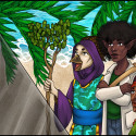 Apteribis the Struth sage, Moa, and the Elven scientist gaze at one of the prisms that is being repaired. They are on a beach, with palm trees waving in the breeze and surf lapping up the sandy shore.