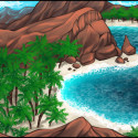 View of a tropical island with sandy white beaches, lush jungles and lots of reddish cliffs.