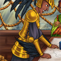 Sylviornis is a tall Struth woman, about 24 in this picture. She has brown skin and a very pointed, beaky nose. She wears golden armor over billowing black silk garments. Her feathers are black, and a massive plume of black feathers comes out of the top of her helmet.