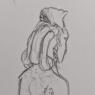 A sketch of Il'ren from the back, notably showing her most major scar and her brade.