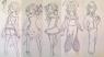 [This WILL be colored... and my scanner hates life again] From left to right -- Trying something new; Her second dress; Original dress (revised); Dressed like Haa; Dressed like Den'So