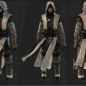 Black clothes with a dark grey hooded cloak.