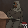 Aidia standing at her store counter, someone must have just walked in.