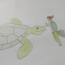 Drawn by myself with pencil: Wakumi in her true form alongside a large sea turtle