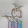 As shown here, Wakumi gets along very well with birds. A nightingale accompanies her, singing while she plays a flute.