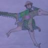 Wakumi, wearing her travelling outfit, riding her dinosaur companion Blue.