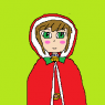 Agate wearing Santa-themed dress with matching hooded cape for Christmas.