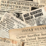 Random World War Two-era newspapers strewn haphazardly on each other.  Headlines include: "ALLIED SCIENTISTS CREATE PERFECT SOLDIER", "NAZI SCIENTIST THREAT GROWS", "Carter Sacrifice Saves United States".