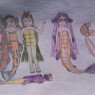 Some of my OC-s together underwater. From left to right: Kaminari, Sango, Wakumi, Amethyst, Petra balancing a Trilobite Cassida on her tail, + Agate as a Royal Gramma mermaid is swimming below them.