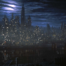 Gotham City skyline at night.  Towers like teeth, a night sky streaked with clouds, a full moon making the city look ominous.