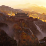 A Chinese temple hidden in the forest high atop a mountain, with other buildings only just visible here and there.