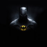 Batman half-hidden in shadow, head bowed.  The center of attention is the symbol on his chest.  Black ovoid, within is yellow with a black, stylized silhouette of a bat.