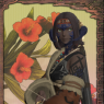 A portrait screenshot. Sali holds his shortbow low while he watches something to his left. He stands before a floral background.