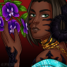 A full-colored shaded bust. Sali looks over his shoulder at the viewer while he holds moth orchids. He wears gold jewelry and a turtquoise shirt. His hair is relaxed.