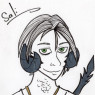 A bust sketch with minimal color. Sali smiles calmly towards the viewer. His green eyes and black scales are colored. His hair is relaxed and his tail peeks out behind him.