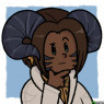 A simple-colored chibi bust. Sali raises a brow thoughtfully with a hand to his chin. He wears a beige coat and his hair is relaxed.