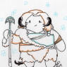 A little "potato-like" chibi with simple coloring around the lineart. Sali smiles while holding a staff. He wears layers of furs and his hair relaxed.