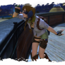 A full body screenshot. Ilakha looks off the side of a boat. She is dressed in Eorzean explorer's gear. She wears twin braids.