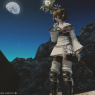 A full body screenshot. Ilakha stands on a ledge while praying. The moon shines in the background.
