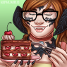 A full color shaded bust. Ilakha eagerly smiles down at a slice of black forest cake she is about to eat.