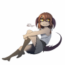 A full color shaded full body. Ilakha smiles while reclining. She wears a white and grey dress with grey boots.