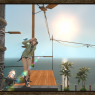 A full body screenshot. Ilakha looks out from a platform of a tower at Moonfire Faire. A small morpho rests on her arm.