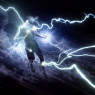 Middle-aged man wearing only ragged denim cut-offs, back to the viewer and flying in a heavy storm.  Lightning connects him to clouds though it's difficult to say at which point they start.  Electric arcs emanate from his hands and eyes.