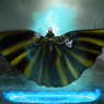 Female figure rising from a blue-ish portal made of wispy, flame-like energies. Cloak spread almost like wings, two barb wire lengths stretching out toward the viewer from belt buckle, each with a stylized demon-bat-skull on the end.