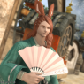 A waist-up screenshot. Fane smiles as he holds an open folding fan. He is in the Doman Enclave.
