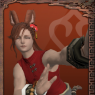 A full body screenshot. Fane poses low while doing a Far Eastern dance. He wears a martial artist's outfit. His eyes look closed and fox-like.