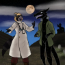 A Hallowe'en picture featuring Amelie Laveur and her partner, Emmitt the void dragon. Amelie is dressed as Doctor Frankenstein, Emmitt as the Monster.