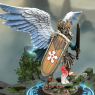 A Heroforge token displaying Stygian wearing his armor - his face is hidden by a mask, and his wings are flared out (note: Stygian used to dye his feathers so as to reduce the comparisons to Eularyx.)