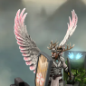 A Heroforge token displaying Stygian wearing his armor - his face is no longer hidden, and he wears a pronged circlet instead of a full helmet to account for his antlers. His wings are flared upwards instead of outwards, and the tips fade to soft pink.