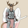 Stygian stands in a relaxed pose with his sword bared. he is wearing more traditional silver-colored armor, with a dusky pink drape hanging from his belt.