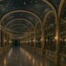 •	A long upper hall with arched windows and celestial murals. 	•	Mirrors reflect starlike lights strung overhead, giving the illusion of walking through constellations.