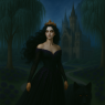 A scene of Brenna walking with Dusk, a Black Dog that has red eyes and leaves human handprints when he walks. He is special to the RP I have with Diran Jiru.