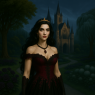 Portrait of Crown Princess Brenna Draven in front of the castle. She spends her free time painting, playing piano, singing, or playing with her younger siblings.