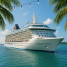 A gleaming white luxury liner glides through turquoise Caribbean waters beneath a bright blue sky.  Palm fronds frame the scene, sunlight sparkles on the waves, and the ship’s name shines proudly across the bow. A perfect picture of paradise at sea.