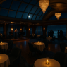 Under a vaulted dome of glass, the night sky spills its stars across marble floors & candlelit tables.  Soft jazz drifts through the air as couples dance & cocktails gleam like jewels at the bar.  Beyond the windows, the moon casts silver across the sea.
