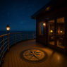 High above the ship, the private deck glows beneath a sky full of stars.  Brass railings gleam in the lantern light, and a compass rose is etched into the teak floor.  Through the glass doors, the captain’s lounge glows with warmth and quiet conversation.