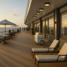 Golden light spills across the teak walkway as the sea glows beneath the setting sun. Boutique windows gleam beside café tables and a small gelato cart hums softly in the breeze. It is a place for strolling, laughing, and letting time drift away.