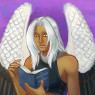 A waist-up shaded drawing of Clydwyn standing with a purple background. He is engrossed in a deep blue book titled, "The Art and Science of Embalming." He is wearing casual blue-black clothing that exposes his midriff.