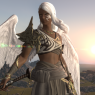 A screenshot of Clydwyn in Final Fantasy 14. He is standing in front of a sunrise while the wind blows his hair. There is a colorful solar glare around him. He holds out a double-bladed sword and scowls off to the side.