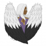 A waist-up flat color drawing of Clydwyn. His white-and-black wings are folded to cover his lower torso, which is clothed in a violet tunic. He looks off to the side with an expression that appears blank and disinterested.