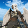 A screenshot of Clydwyn looking up wistfully to the top left side in front of a blue sky. His double-bladed sword is held low.