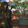 A screenshot. Clydwyn leans against the railing at a bar in Tuliyollal. His face is partially covered by a hood. He looks towards a flowering tree beyond the balcony. His wings are hidden.